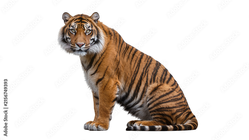 Obraz premium Majestic Bengal tiger with orange and black stripes sitting alert, isolated on transparent background