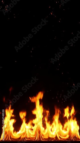 Realistic fireplace fire loop with constant flames and rising sparks on black background