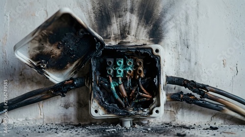 Burnt electrical socket, fire damage, burnt cables, exposed wires, short circuit, safety hazard