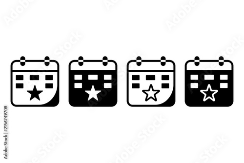 Important event calendar, favorite date schedule, and appointment booking vector icon set. Wall calendar page with star symbol for special event, favorite date, priority booking