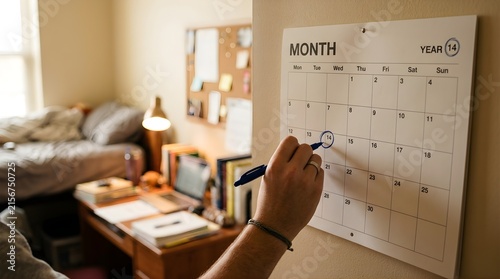 Person circling a date on a wall calendar in a home office bedroom
