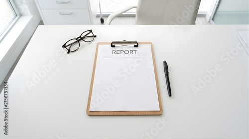 Report document on a clipboard with glasses and pen on a white desk