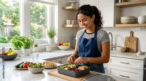 Smiling woman preparing a healthy meal in a bright modern home kitchen