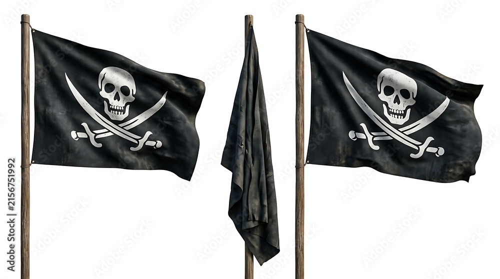 Naklejka premium Three black pirate flags with white skull and crossbones symbols are waving gently on a white backdrop