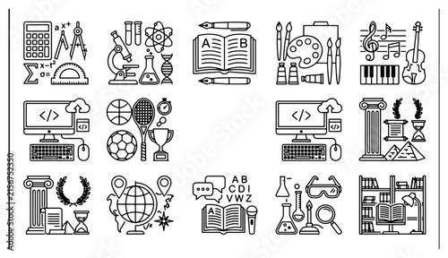 фотографія Set of educational school subject icons representing science math arts music and