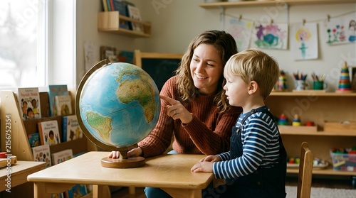 Teacher pointing at globe while teaching young boy in a classroom setting