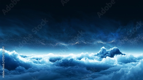 Glowing blue celestial clouds float amidst sparkling stardust in a dark mysterious night sky rendered with deep vibrant cinematic light