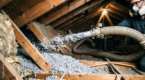 Insulation material being blown into a residential attic by a professional worker wearing protective gear to improve energy efficiency and thermal.