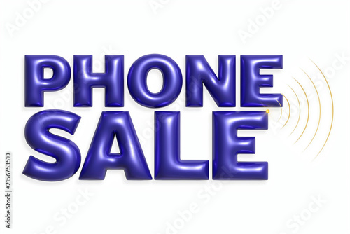 Phone sale 3D text in glossy purple, mobile device discount banner, cellular promotion graphic with signal waves on white background