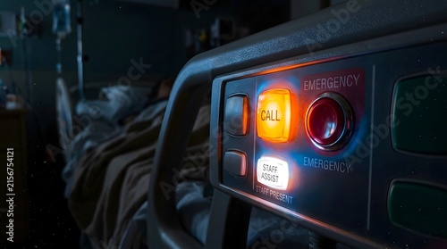 Emergency Call Button in Dark Hospital Room, Patient in Bed, Medical Care Alert System, Nighttime Healthcare Concept, Urgent Help Request