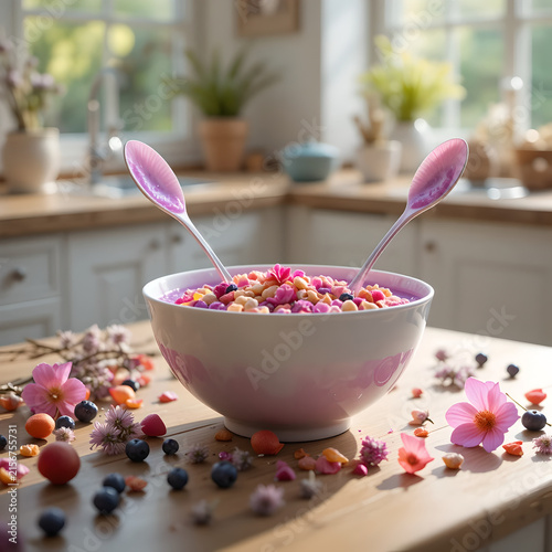 Colorful Cereal Bowl with Berries and Flowers on Kitchen Table
