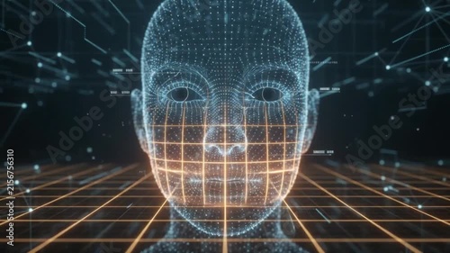 Artificial Intelligence Human Face with Facial Recognition Grid and Binary Data in Cyber Space