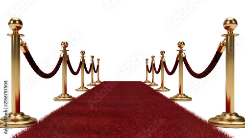 Foto Luxurious red carpet with golden stanchions and velvet ropes, isolated on transp
