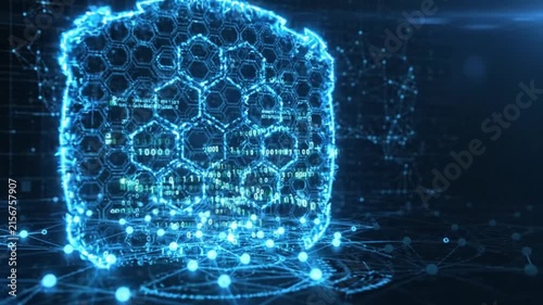 Digital Cybersecurity Shield with Hexagon Mesh and Binary Code on Futuristic Data Background