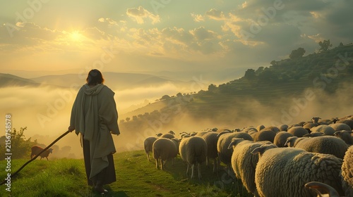 Shepherd with a staff walking with a large flock of sheep in a misty, golden sunrise landscape