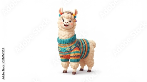 Cute yarn-clad alpaca toy standing upright in bright sweater.