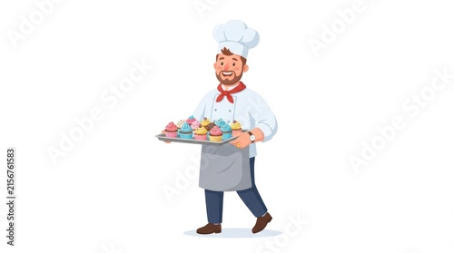 Cheerful chef in uniform carrying a tray of assorted dishes.