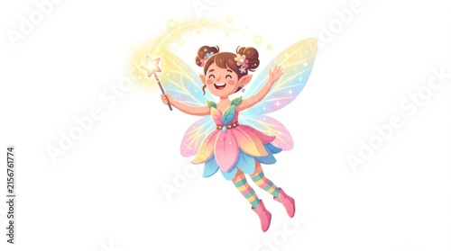 Cheerful colorful cartoon fairy with wings soaring and sparkles.
