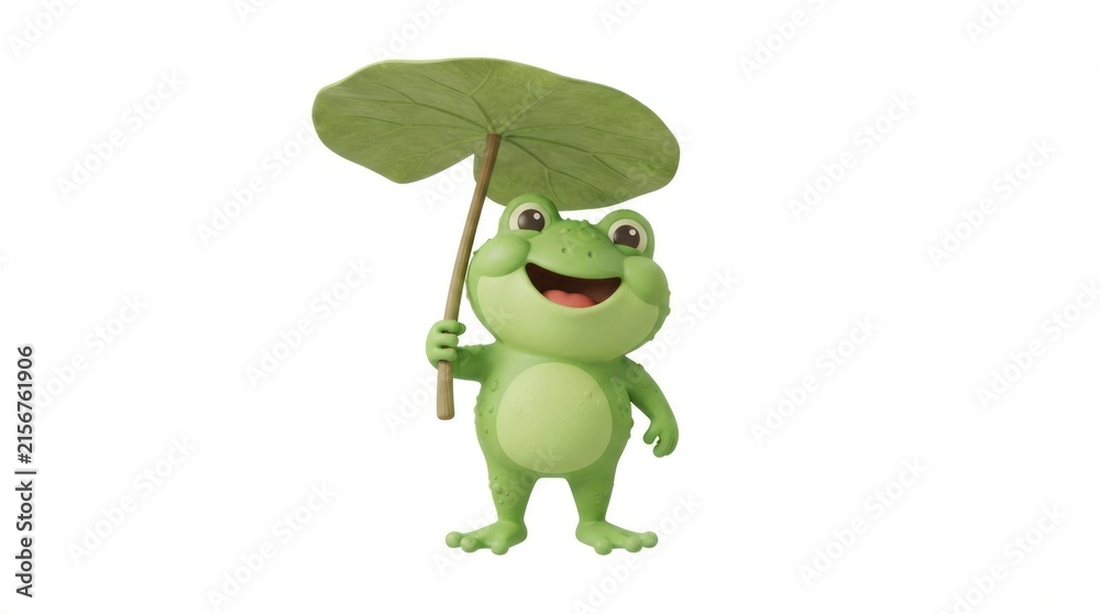 Fototapeta premium Playful green frog cartoon holding a leaf umbrella, smiling in a cheerful forest scene with nature and rain imagery.