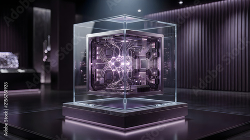Futuristic computer hardware in glass case
