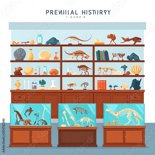 Educational prehistoric timeline with illustrated scenes.