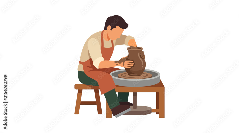 Fototapeta premium A man in an apron sitting on a stool and skillfully shaping a clay pot on a pottery wheel, engaged in the art of ceramics.