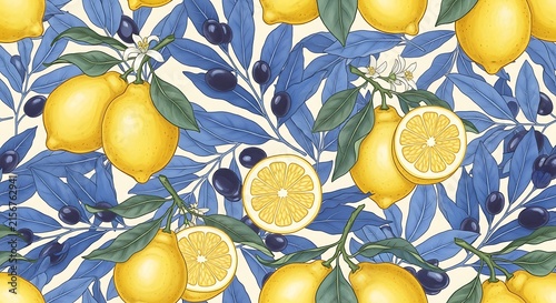 Bright Lemons and Deep Blue Leaves Pattern