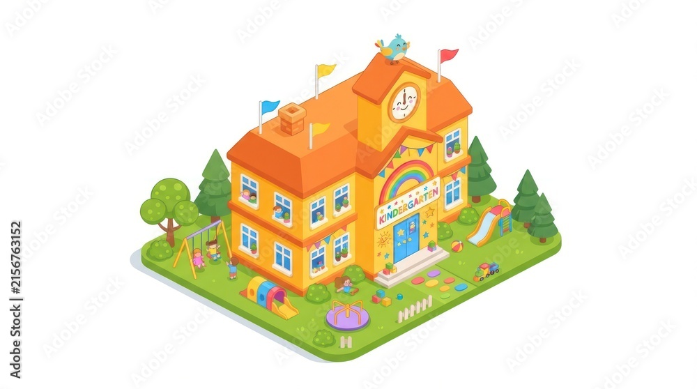 Naklejka premium Vibrant isometric orange-roofed building surrounded by trees and garden.