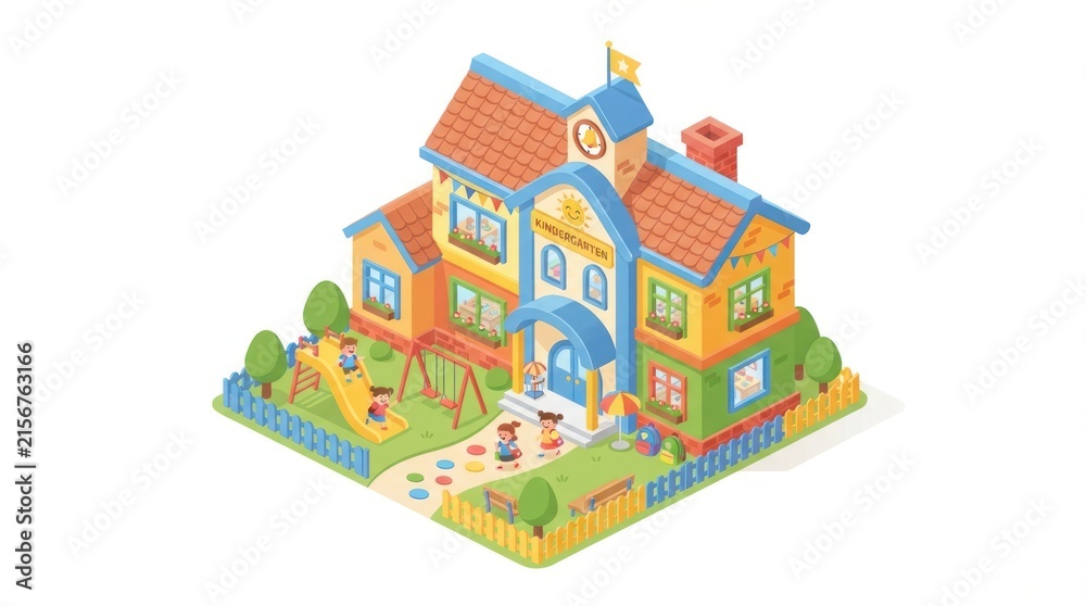 Fototapeta premium Colorful isometric house cluster with garden and vibrant neighborhood scene.