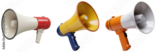Foto Three colorful megaphones isolated on a white background