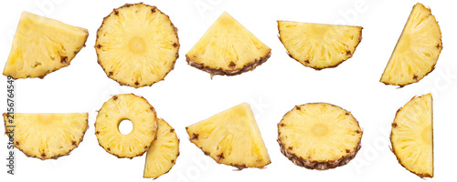 Collection of pineapple slices and wedges isolated on transparent background