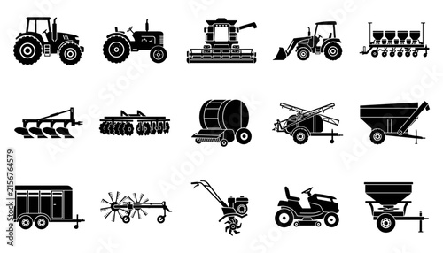 Fotografie Farm Machinery Equipment Vector Icons Set