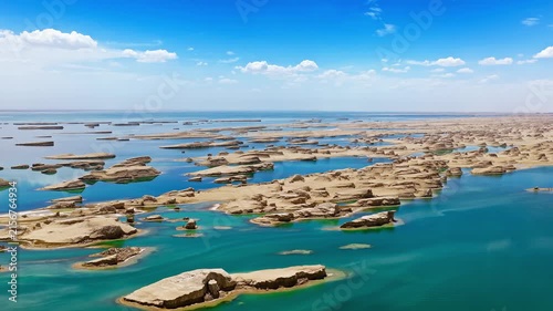Aerial view of Wusute Water Yardang Geopark with a turquoise lake and yellow sand dunes in the Qaidam Basin, Qinghai, China