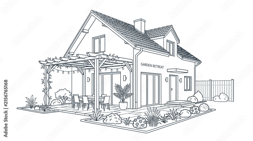 Fototapeta premium Line Art Illustration of a Cozy Modern Garden Retreat House