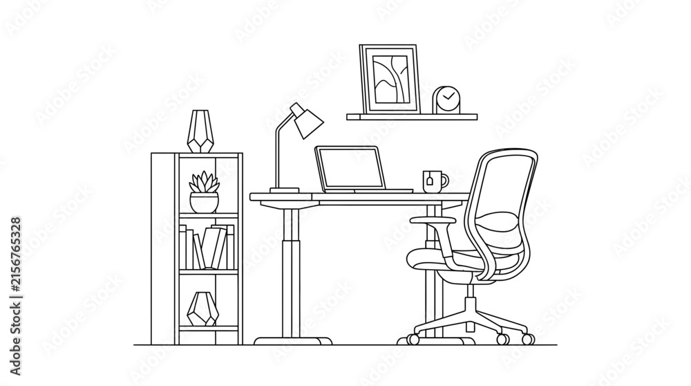 Fototapeta premium Minimalist Line Art Illustration of a Modern Home Office Workspace