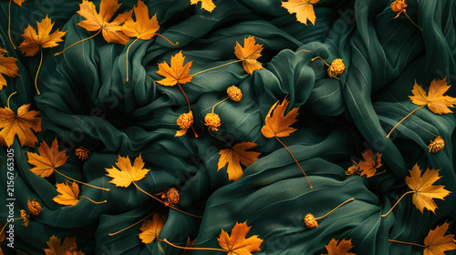 Bright yellow maple leaves are scattered on dark green cotton fabric. Autumn background. Copy space