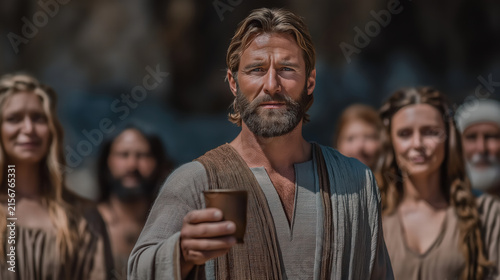 Wedding at Cana scene with the steward tasting new wine in astonishment during a biblical miracle moment
