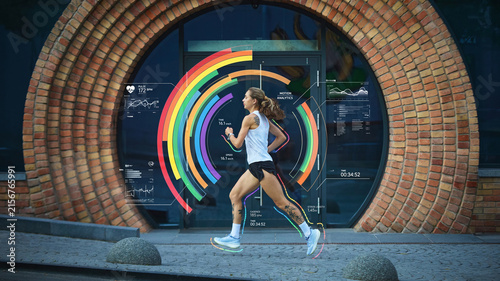 Photography Female runner training outdoors with cadence, speed and colorful motion analytics overlays