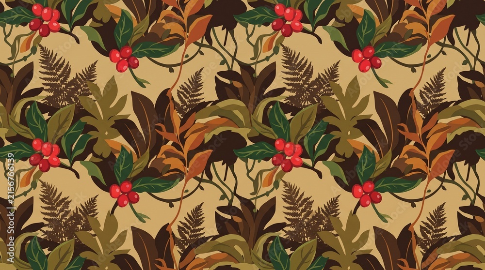 Sustainable Organic Shade-Grown Coffee Plant Seamless Pattern