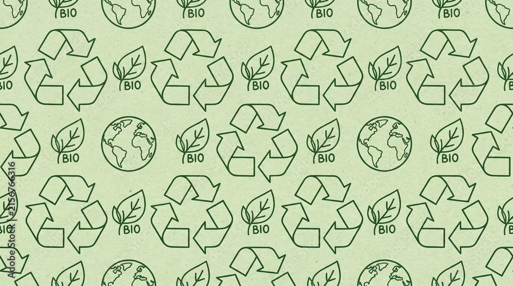Eco-Friendly Recycling Symbols and Bio-Plastic Seamless Pattern