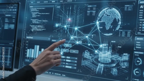 Futuristic Command Center with Professionals Monitoring Global Data Analytics and Network Security