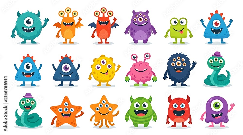 Fototapeta premium Set of colorful cartoon monsters collection featuring diverse funny creatures with various eyes and shapes for children design with multiple eyes friendly