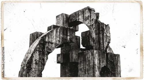 Brutalist concrete architecture fragment featuring massive geometric blocks and arches shown in high contrast vintage film photography style.