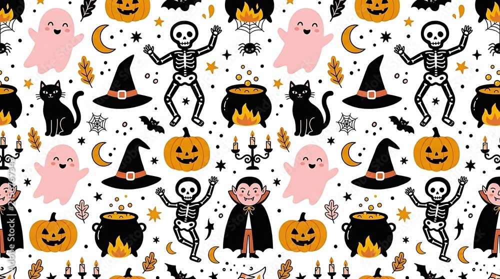 Fototapeta premium Seamless halloween pattern featuring cute cartoon ghosts skeletons pumpkins black cats and witches hats on white background with halloween icons
