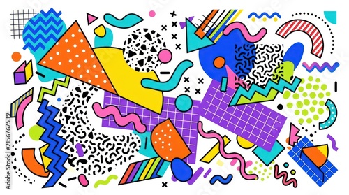 Vibrant Abstract Collage of Geometric Shapes and Colors.