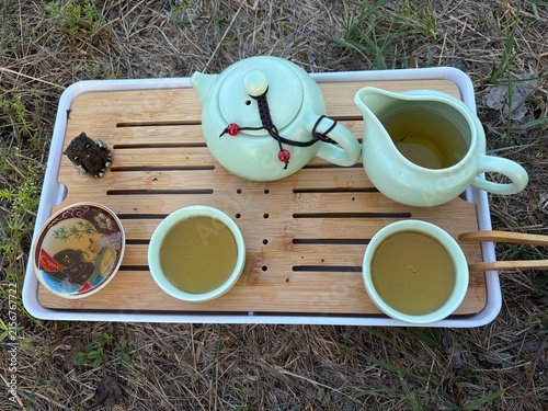 Traditional tea ceremony with ceramic tea bowls
