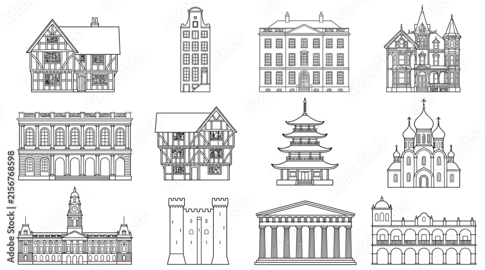 Obraz premium Vintage architectural building icons, 12 historical house line art vectors, classic world landmarks and heritage facades