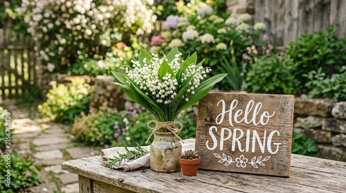 Decorative wooden sign welcoming spring in a lush garden setting.