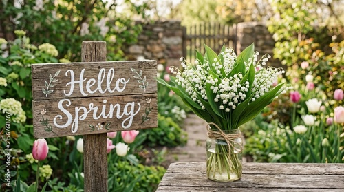 Handmade wooden sign welcoming spring with fresh floral arrangement outdoors.
