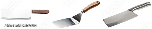 Fotografía Collection of three kitchen knives and a spatula isolated on a white background